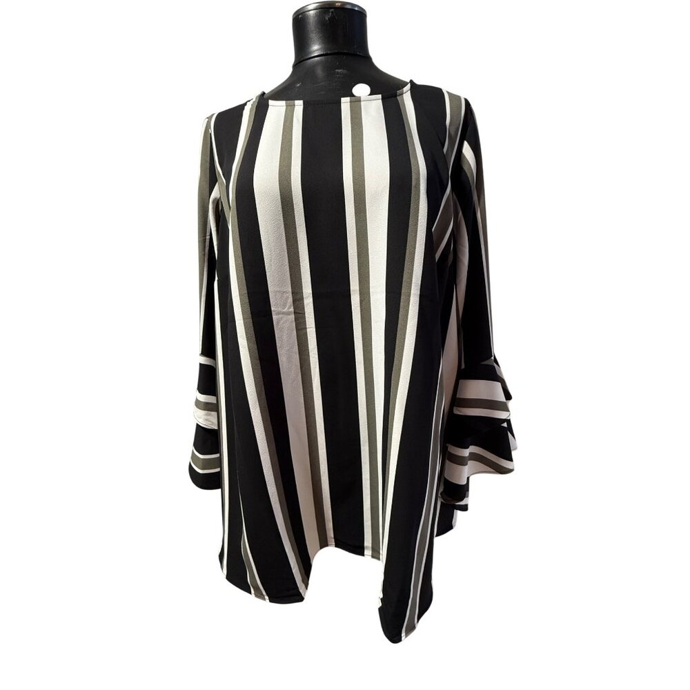 ALFANI Woman 2X Blouse Top Black White Olive Vertical Stripe Bell Sleeve Tunic